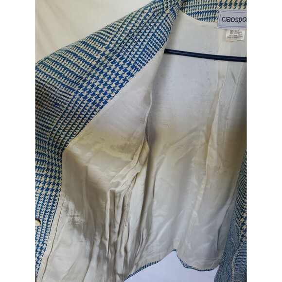 Vtg Ciaosport Ltd. Women’s Teal & Beige Houndstooth Blazer Silk and Cotton Sz 12 - Picture 8 of 12